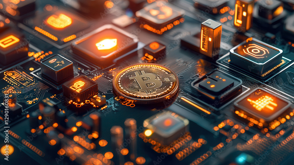 Poster digital currency concept featuring bitcoin on circuit board