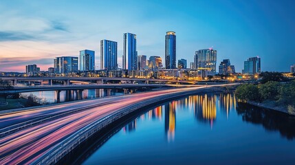 Naklejka premium A city skyline at dusk, showcasing energy-efficient LED lighting.