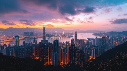 Fototapeta premium A city skyline at dusk, showcasing energy-efficient LED lighting.
