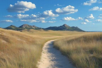 Obraz premium Sandy path winding through tall grass in the prairie near the Bear Butte State Park, South Dakota, United States