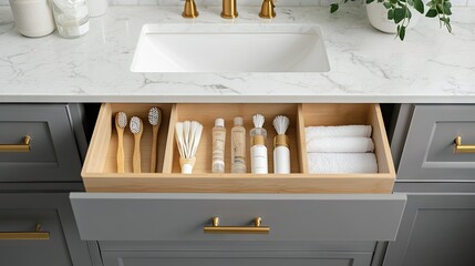 A clean and organized bathroom drawer with neatly arranged dental care products.