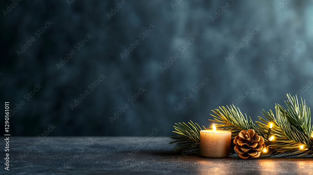 Poster lit candle with pine branch and pinecones on dark background
