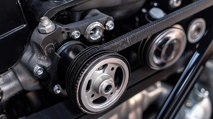 A close-up of an AC compressor pulley and belt inside an engine.