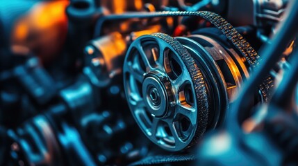 Fototapeta premium A close-up of an AC compressor pulley and belt inside an engine.