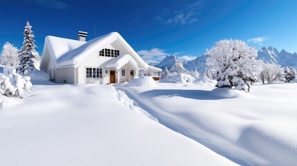 Snowy mountain house winter landscape, postcard