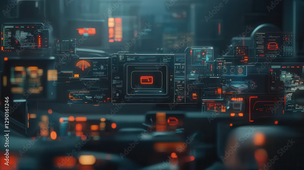 Poster futuristic control room with advanced technology and glowing interfaces