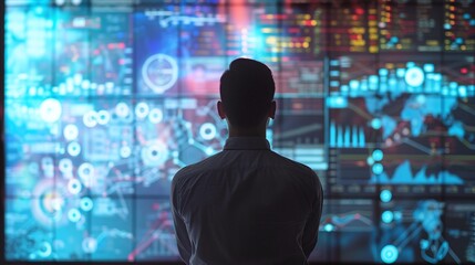 Futuristic digital analytics dashboard with a variety of financial data visualizations charts graphs and infographic elements on a high tech user interface or HUD