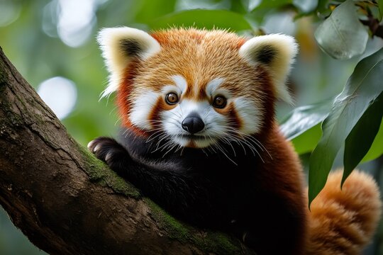 Firefox, red panda, is relaxing on a tree branch in the forest