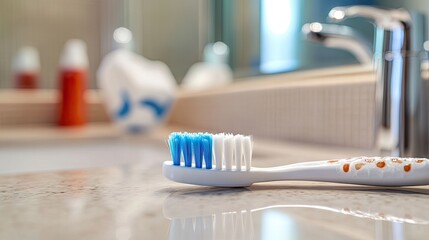 A close-up of a toothbrush with dry toothpaste bristles resting on a bathroom counter.