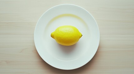 Bright Yellow Lemon on White Plate Against Light Wood Background Overhead Shot Minimalist Food Photography