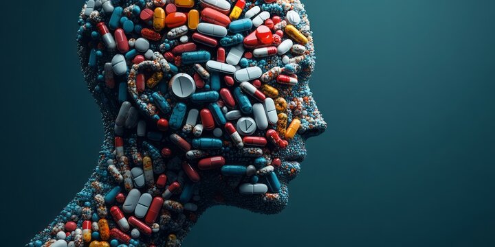 Human head is composed of pharmaceutical drugs and pills