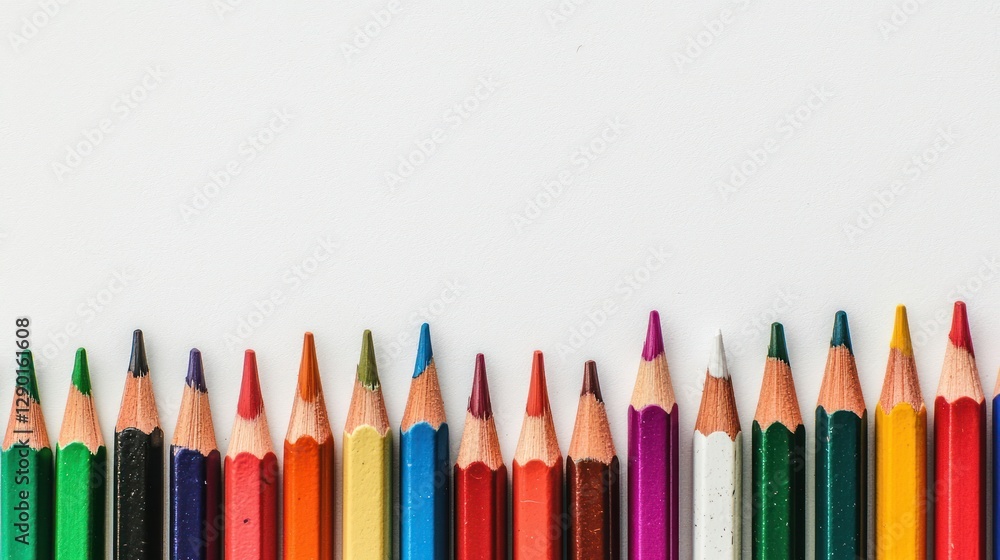 Poster colorful pencils arranged in a row on white paper background for creative art and design projects ov