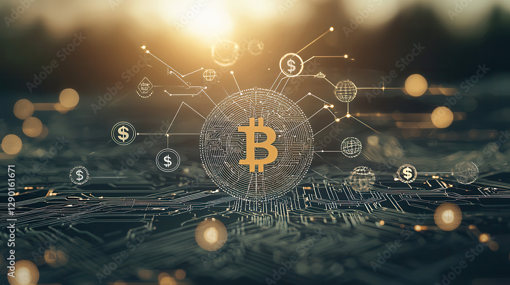 Poster digital currency visualization with bitcoin symbol and financial icons