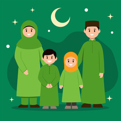 Joyful Muslim Family Under the Crescent Moon