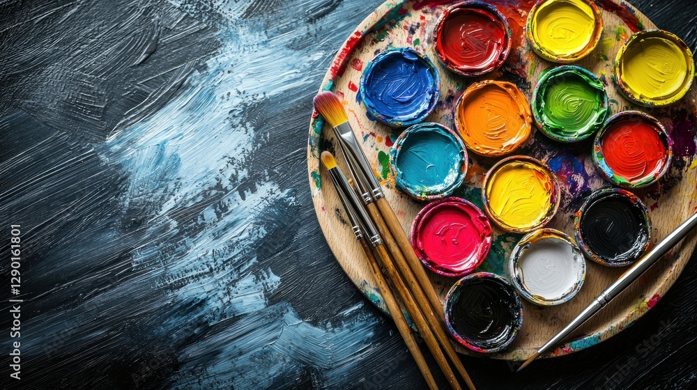 Aufkleber artistic palette with vibrant paint colors and brushes on textured background creating a creative at