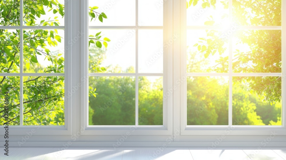 Poster bright sunshine streaming through a window overlooking lush green trees creating a serene and inviti