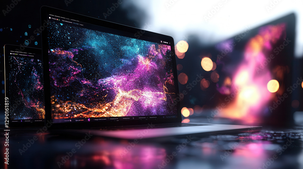 Poster modern digital interface design showcasing vibrant cosmic visuals on laptops, creating futuristic at