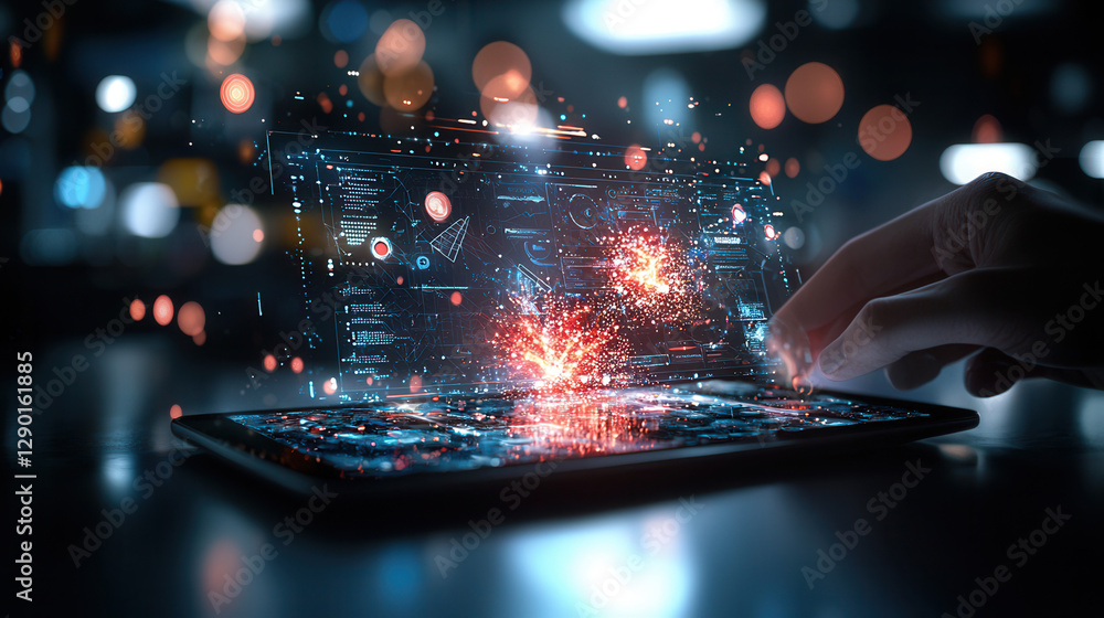 Poster modern smart device interface design showcasing interactive elements and vibrant visual effects, evo