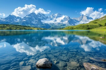 Bachalpsee reflecting snowy Swiss Alps and blue sky with clouds