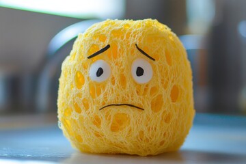 Yellow Sponge with Sad Expression on a Kitchen Counter