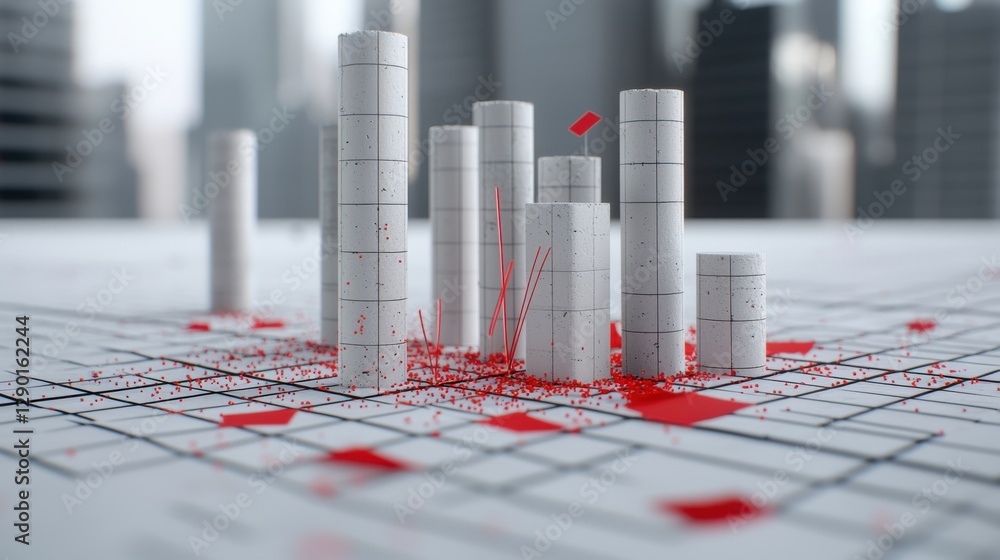 Poster abstract 3d graph with red data points on a cityscape grid background, representing analytics.