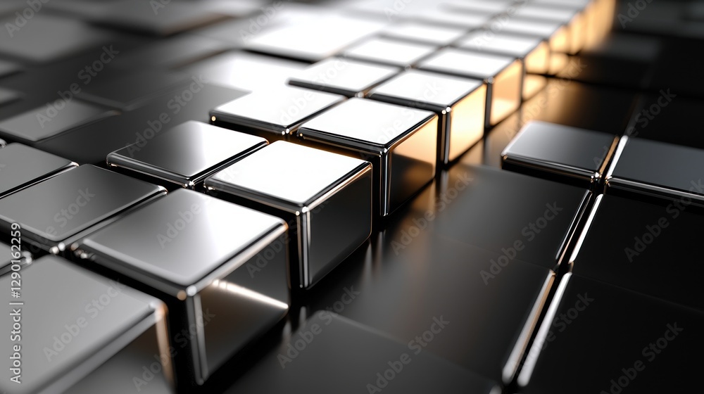 Poster array of metallic cubes with reflected light and shadow creates a modern and abstract geometric desi