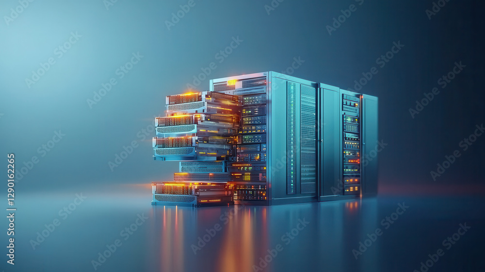 Poster sleek data center visualization featuring illuminated server racks and modern design. vibrant colors