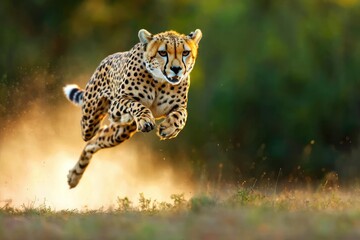 Majestic cheetah sprints across golden savanna plains with focused gaze in wildlife photography style
