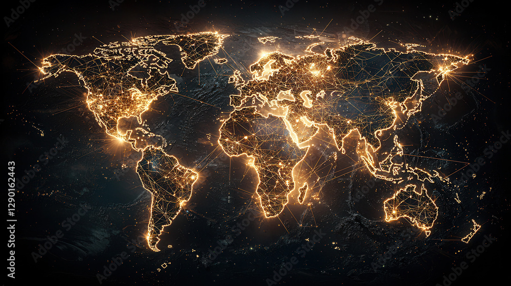Poster sleek digital mapping visualization of world, showcasing interconnected networks and glowing lights 