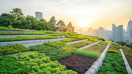 Obraz premium A green roof on a commercial building absorbing CO and improving air quality.