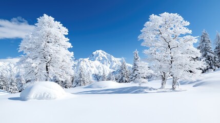 Snowy landscape with trees and mountains under a clear sky. Ideal for showcasing winter beauty and serene scenery.