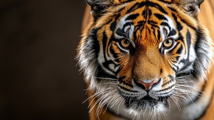 Fototapeta premium Captivating Portrait of a Majestic Tiger with Striking Orange Fur and Intense Gaze in a Dark Background