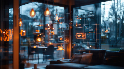 Smart home technology concept with interconnected devices and data visualization. modern living space features warm lighting and cozy atmosphere