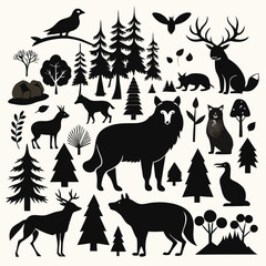 Fototapeta premium Forest Wildlife Silhouettes - Deer, Bear, Birds & Trees in Black and White Vector Art.
