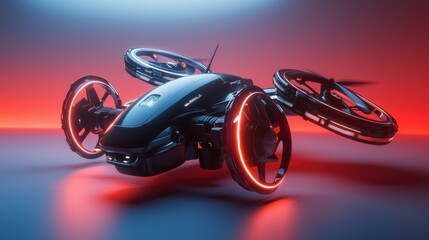 Futuristic Autonomous Vehicle on Display with Neon Lights in a Science Fiction Aesthetic