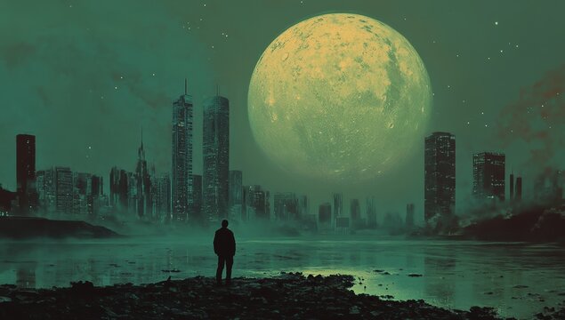 Solitary figure gazes at moonlit, misty city skyline - Powered by Adobe