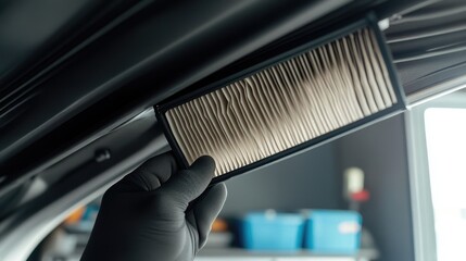 A mechanic inserting a new cabin air filter into a car.