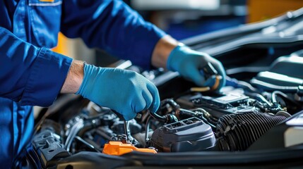 A mechanic inspecting a car's air conditioning system under the hood.