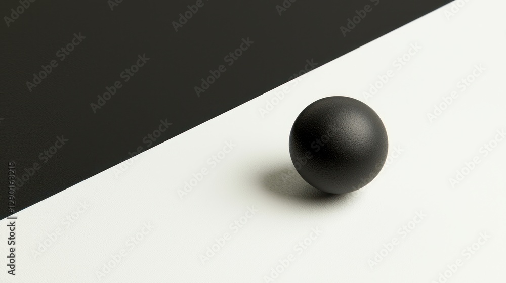 Poster minimalist composition of a black sphere on a contrasting black and white diagonal background creati