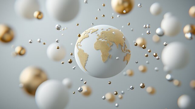 Abstract floating spheres with a globe depicting Earth in white and gold on a gray background. - Powered by Adobe