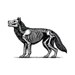 illustration of wolf skeleton, black and white hand drawn vintage style, vector illustration