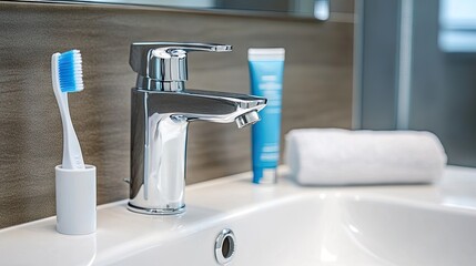 A modern bathroom sink with a toothbrush and toothpaste beside the faucet.