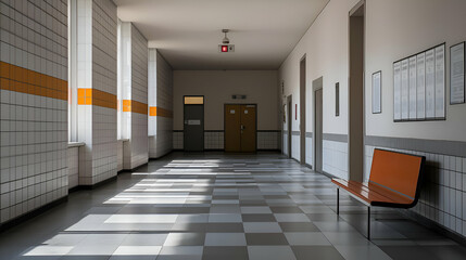 Long Bright Hallway with Checkerboard Floor and Orange Bench