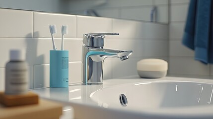 A modern bathroom sink with a toothbrush and toothpaste beside the faucet.