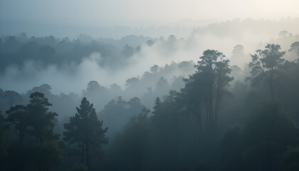 Obraz premium Layers of Fog Weaving Through Dense Trees at Dawn, Creating a Serene and Enchanting Atmosphere in the Wilderness.