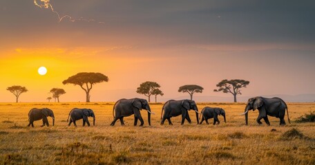 Fototapeta premium African Sunset with Elephant Herd