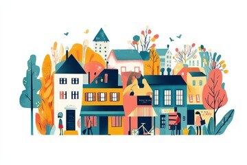 Colorful Illustration of Charming Houses in a Lively Town Scene