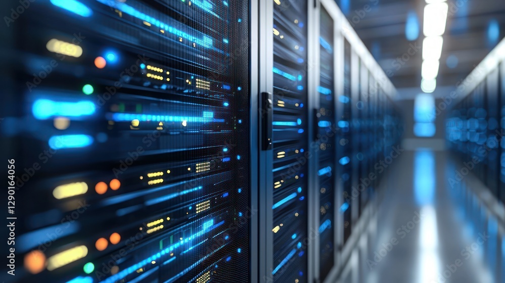 Poster server room with blue lights hosting large data center for information and communication technology