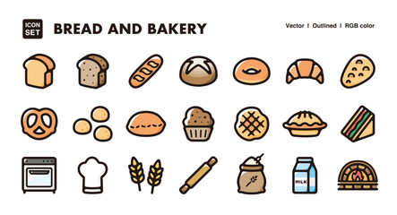 Bread and bakery illustration icon set.Simple vector outlines, clipart for graphic design.