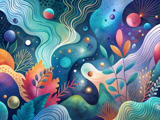 Cosmic Dreamscape. Abstract Art with Vibrant Colors and Organic Shapes